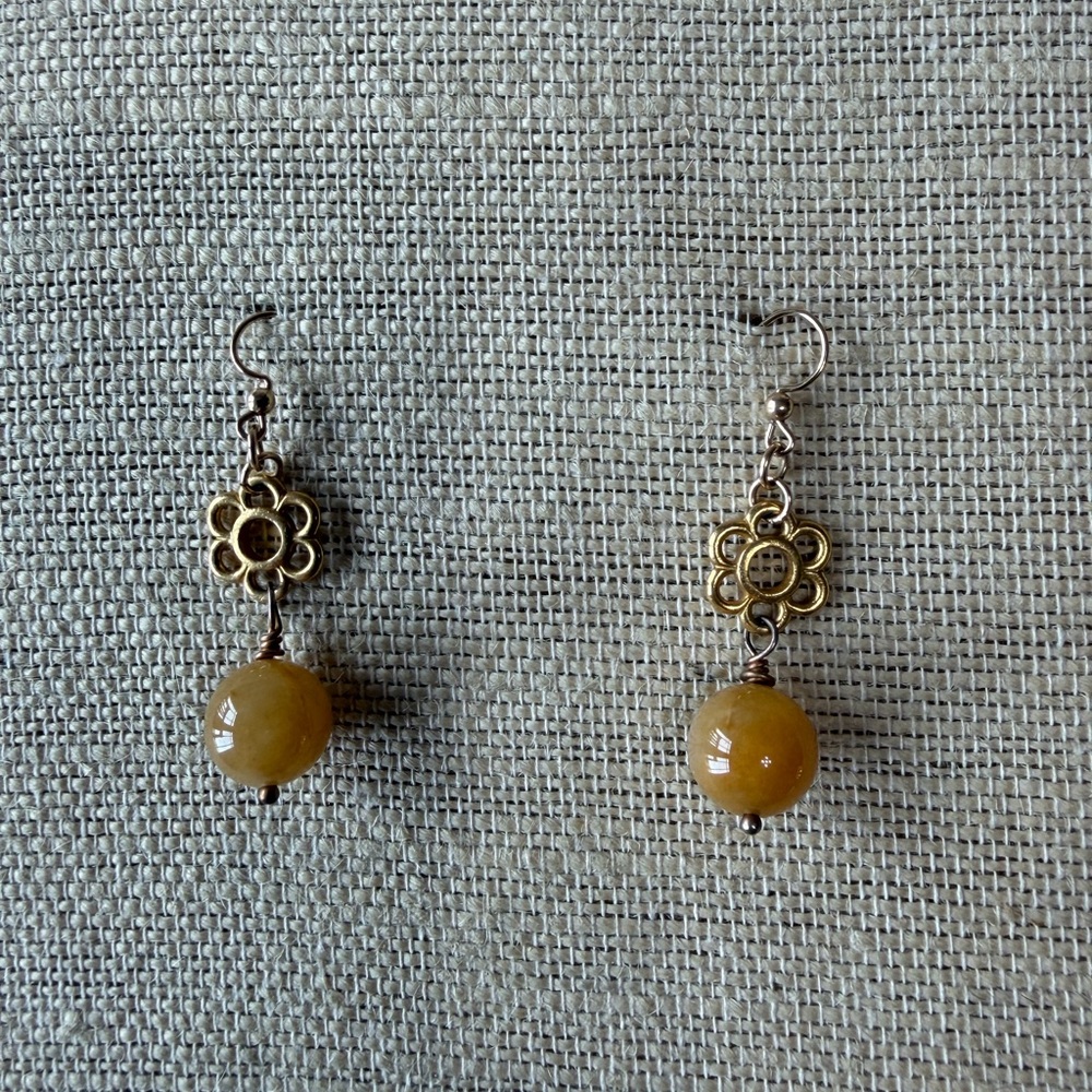 Elegant Gold Tone Floral Earrings with Yellow Jade Bead Dangle
